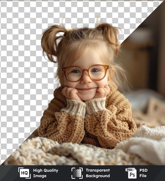 transparent psd picture smiling baby girl holding eyeglasses while sitting on bed wearing a brown sweater and white cuff with blond hair and blue eyes and a small hand visible in the fore