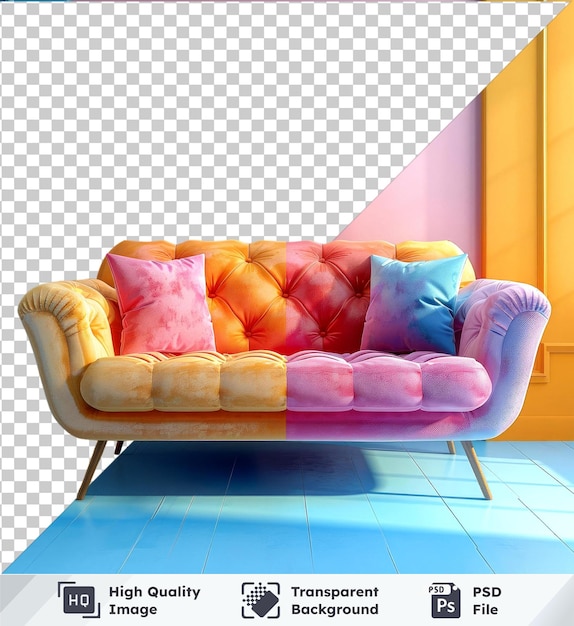 Transparent PSD picture of a sofa with pink and blue pillows against a pink wall and blue floor