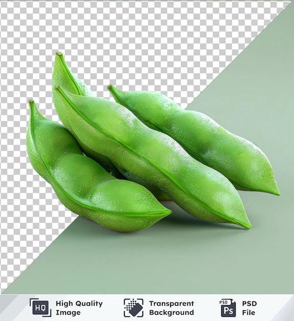 Transparent psd picture of soya beans clipart on shiny table against graywhite wall with green