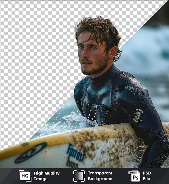 PSD transparent psd picture surfer man with surfboard in the ocean