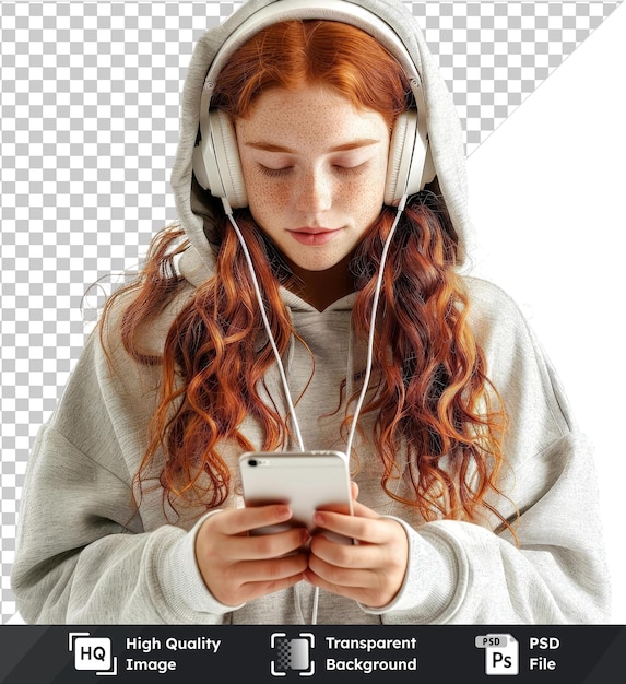 PSD transparent psd picture teenager redhead girl listening music with a mobile over isolated isolated background