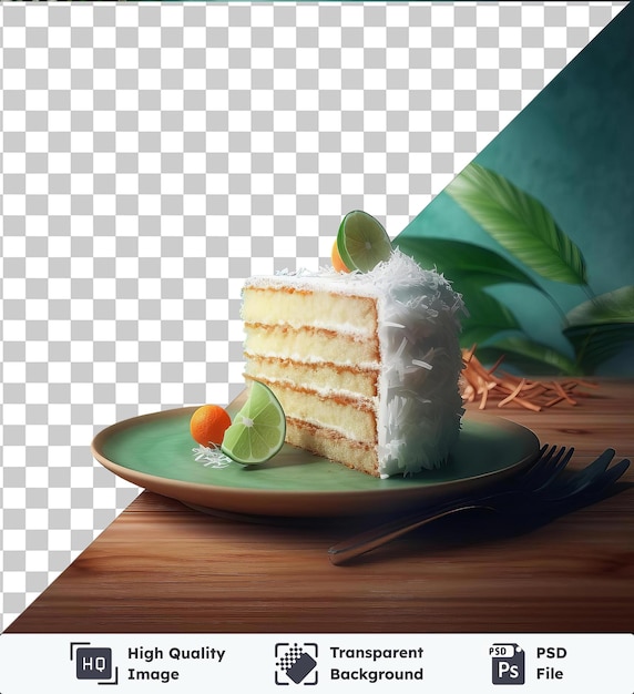 transparent psd picture tender coconut cake on a green plate with a silver fork placed on a brown wooden table with a green leaf in the background