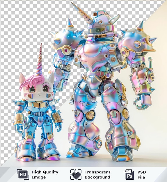 transparent psd picture toy robots and magical unicorn figurines on transparent background