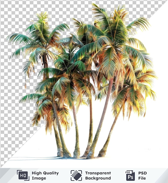 Transparent psd picture of tropical palm trees casting shadows on a sandy beach under a clear blue