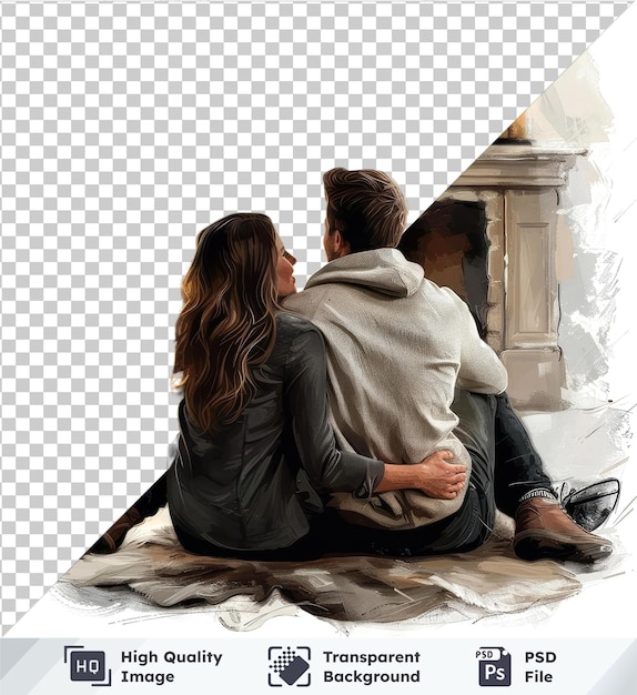 Transparent psd picture vector couple in love sitting near fireplace with coffee cups and candles