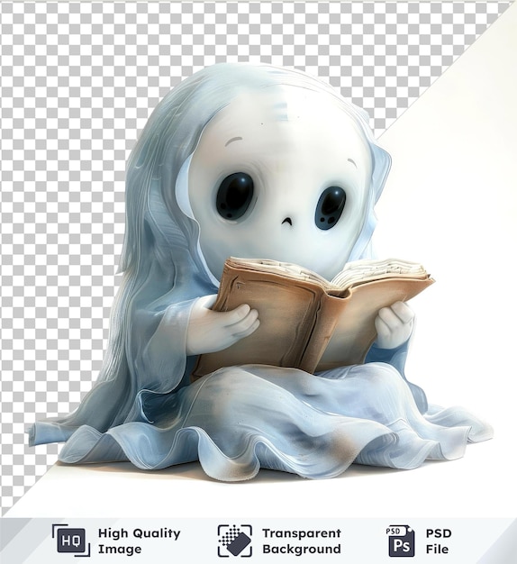 PSD transparent psd picture vector illustration cute doodle ghost reading a book