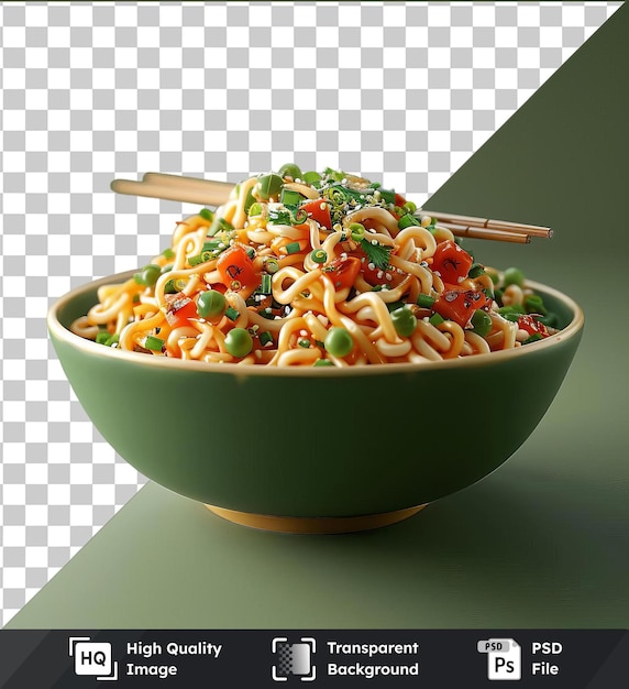 transparent psd picture vegetable yaki soba noodles in a green bowl with chopsticks