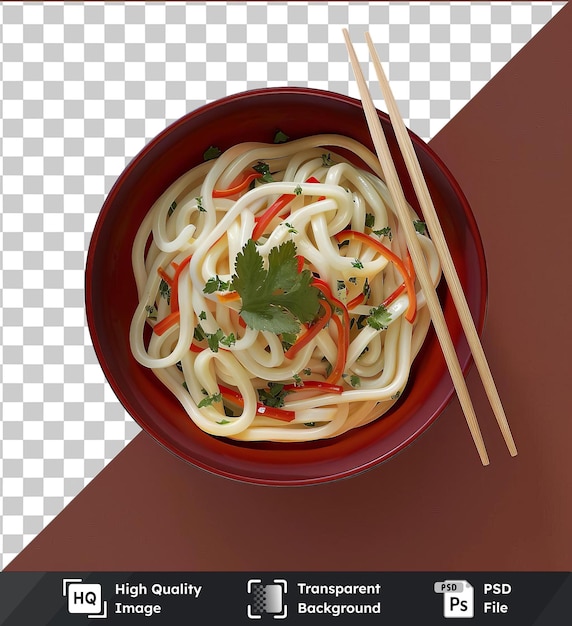 transparent psd picture vegetable yaki udon served in a red bowl with chopsticks garnished with a green leaf