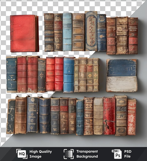 transparent psd picture vintage book collection set displayed on a white wall featuring red blue and brown books arranged in a row from left to right