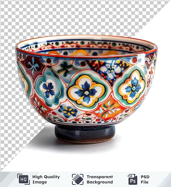 Transparent psd picture vintage ceramic bowl with blue flower and shadow on transparent bg