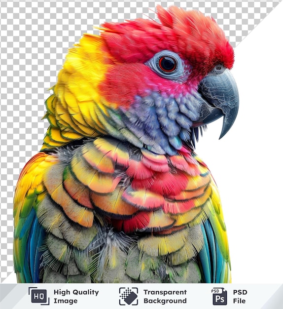 Transparent psd picture of vivid parrot isolated red head gray beak black and gray eye