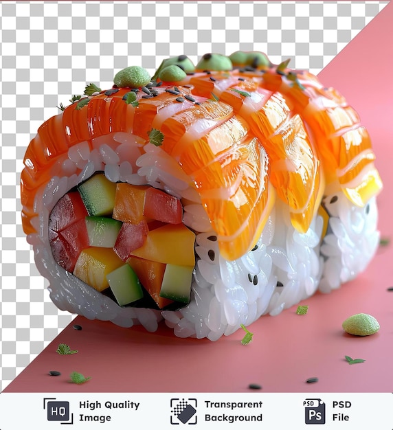 transparent psd picture warabimochi rolls topped with sliced cucumber and green leaf on a pink background