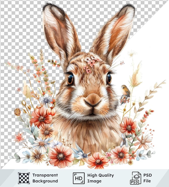 transparent psd picture watercolor illustration of a hare with flowers set of vector patterns