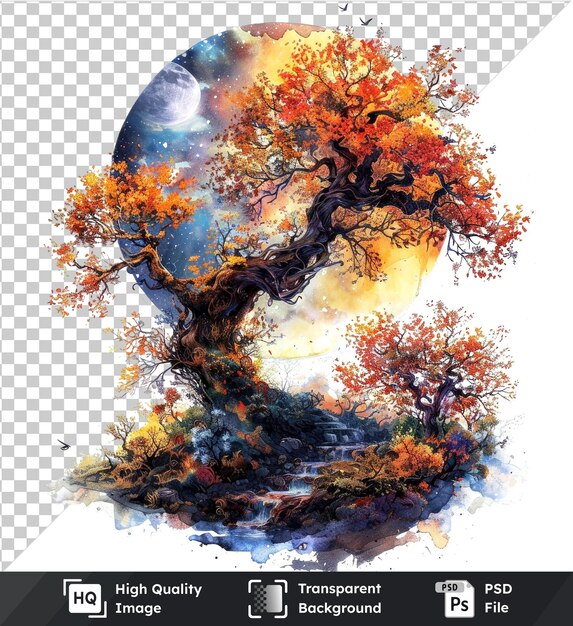 PSD transparent psd picture whimsical autumn night watercolor art on isolated background