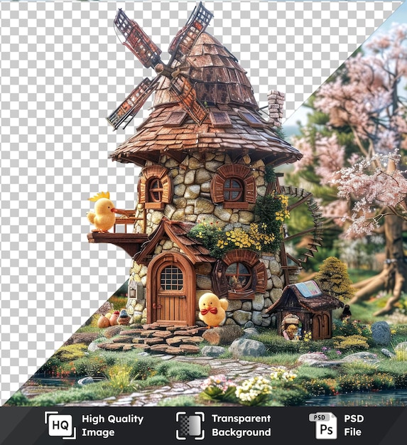 Transparent PSD picture of whimsical Easter chick windmill scene with a small house trees and pink