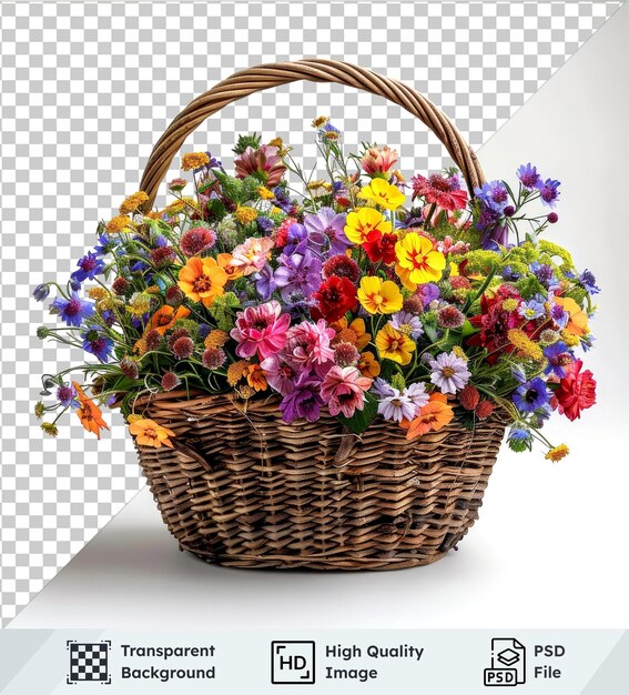 transparent psd picture wicker basket full of spring flowers on transparent background