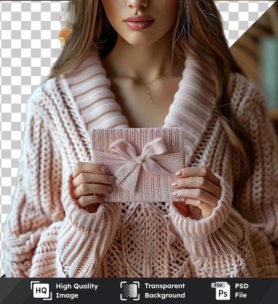 PSD transparent psd picture woman holding gift card closeup with christmas tree in the background