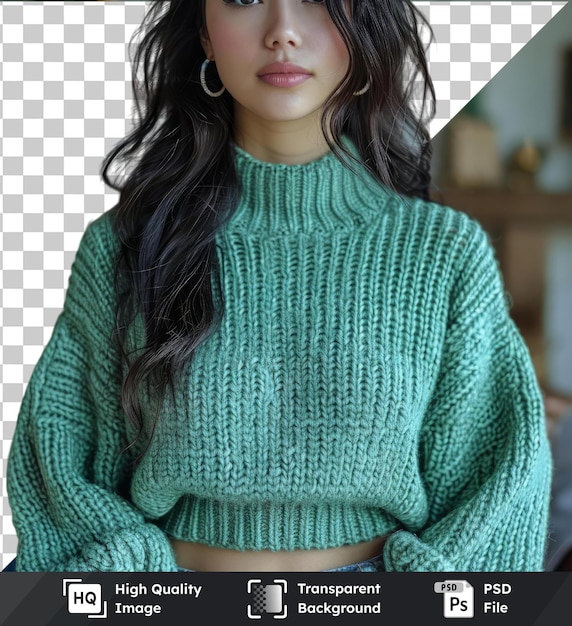 transparent psd picture womens green sweaters and blue jeans paired with long black hair and a brown belt complemented by a green plant and a hand in the foreground