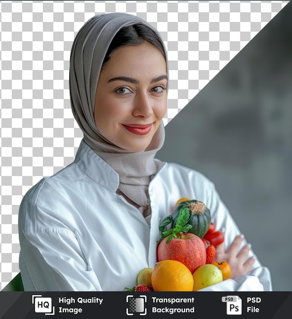 transparent psd picture young female nutritionist holding a variety of fruits including red apples oranges and a yellow lemon while wearing a white shirt and showing off her blue and brown