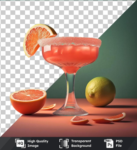 PSD transparent psd picture zesty grapefruit margaritas with oranges and limes on a red table against a green wall with a clear stem and round orange in the foreground