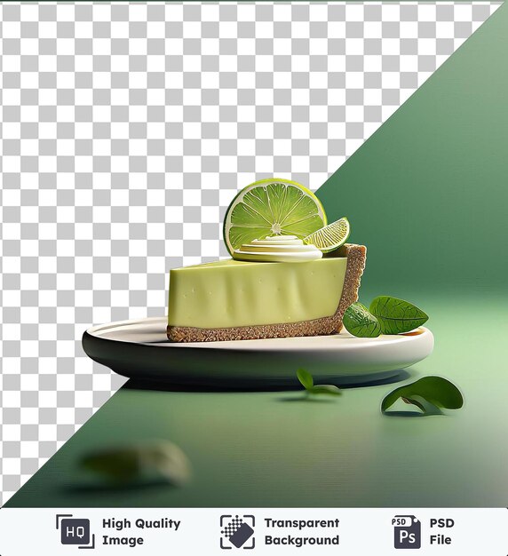 transparent psd picture zesty slice of key lime pie on a white plate placed on a green table against a green wall with a black shadow in the background