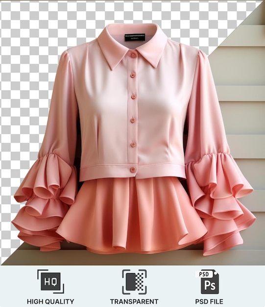 transparent psd a pink dress and shirt hang on a white wall with a white button visible in the foreground