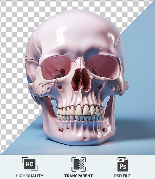 transparent psd a skull with a large nose and open mouth placed on a blue table with a dark shadow in the background