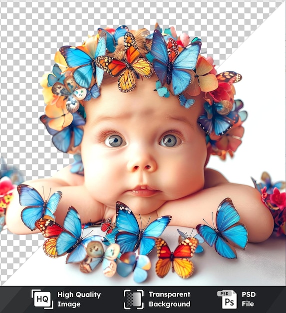 PSD transparent psd vector baby with butterflies on transparent background blue wings eyes small nose