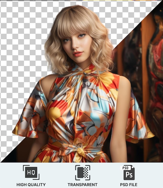 transparent psd a woman with blond hair wearing an orange dress with a bow showcasing her arm