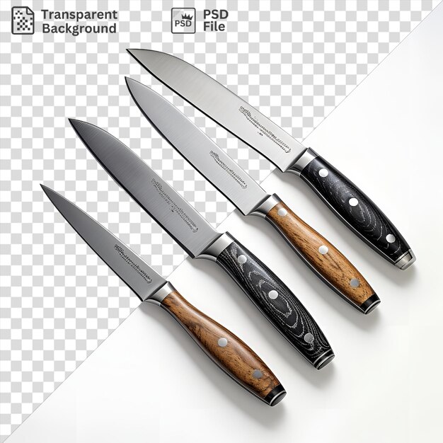 transparent realistic photographic chefs knives including a silver knife with a brown and wood handle and a black knife with a silver blade are displayed on a transparent background