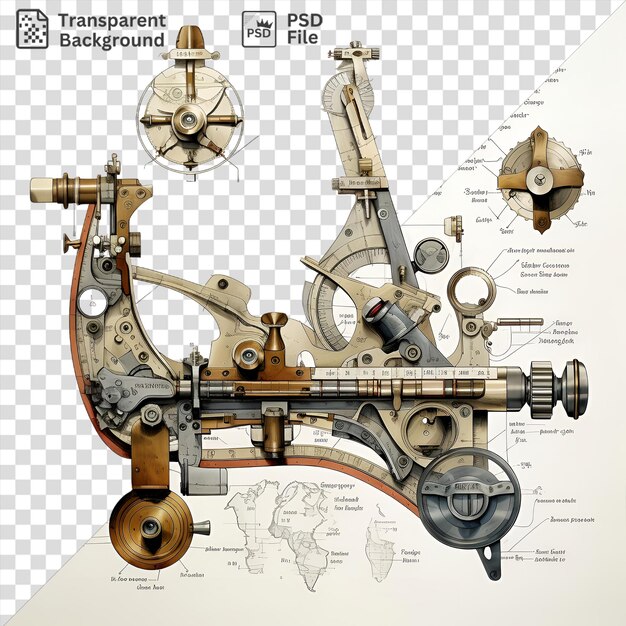 transparent realistic photographic navigators sextant featuring a white clock and a large wheel displayed on a isolated background