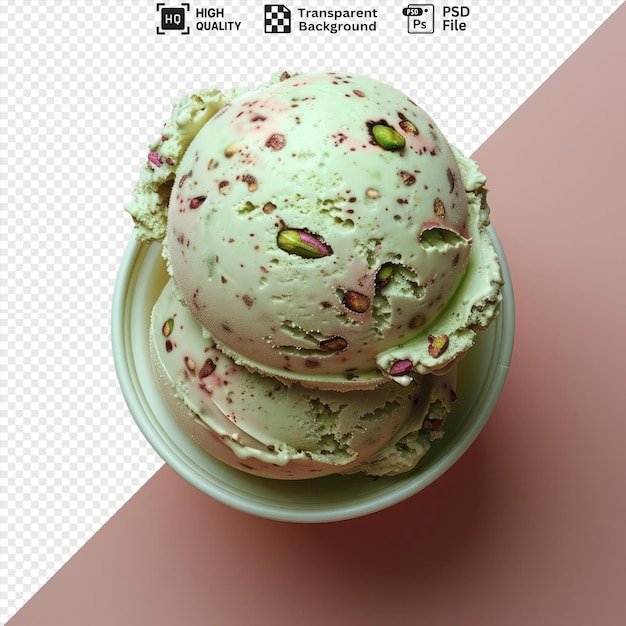 PSD transparent scoop of pistachio ice cream top view on a pink background png psd