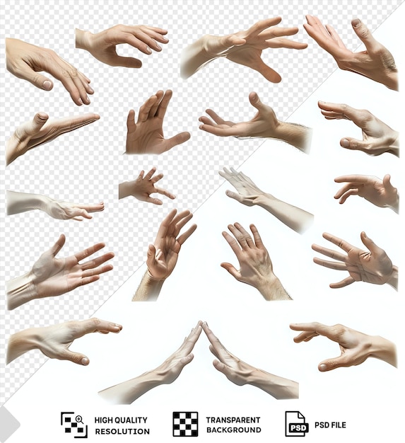 PSD transparent of set of human hands in various gestures isolated on transparent background