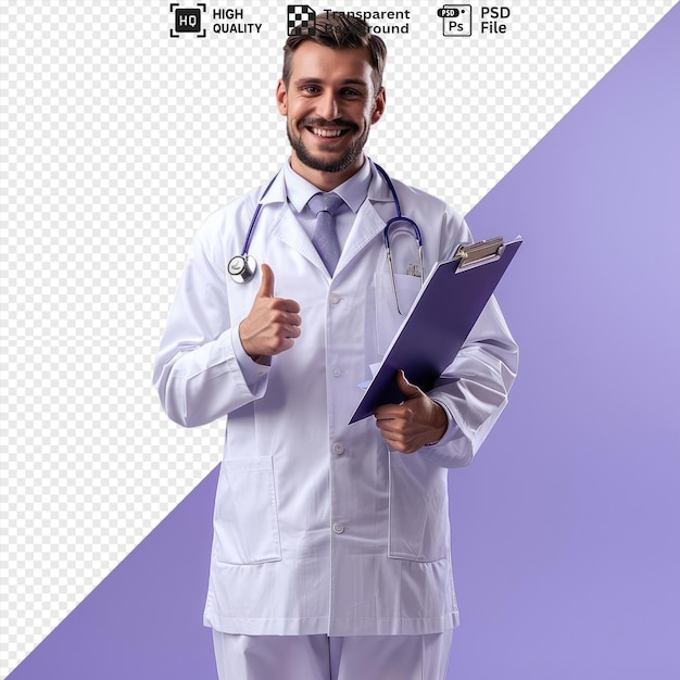 transparent of smiling showing thumbs up holding clipboard young male doctor wearing uniform with stethoscope holding a clipboard