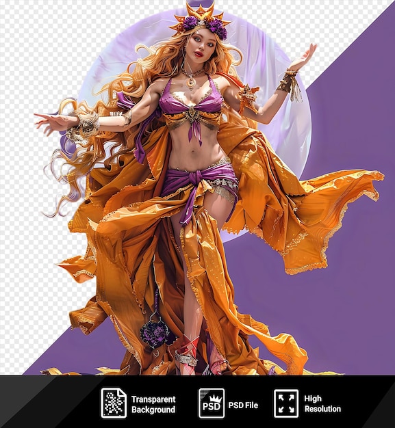 transparent of sol norse goddess with long hair and a gold crown adorned with a purple flower standing in front of a purple background