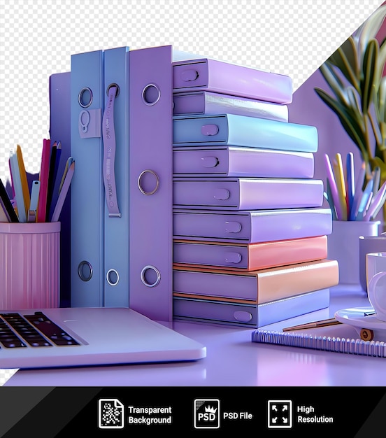 transparent stack of folders and documents on office desk with coffee and laptop accompanied by a yellow pencil white cup and green plant against a purple wall png psd