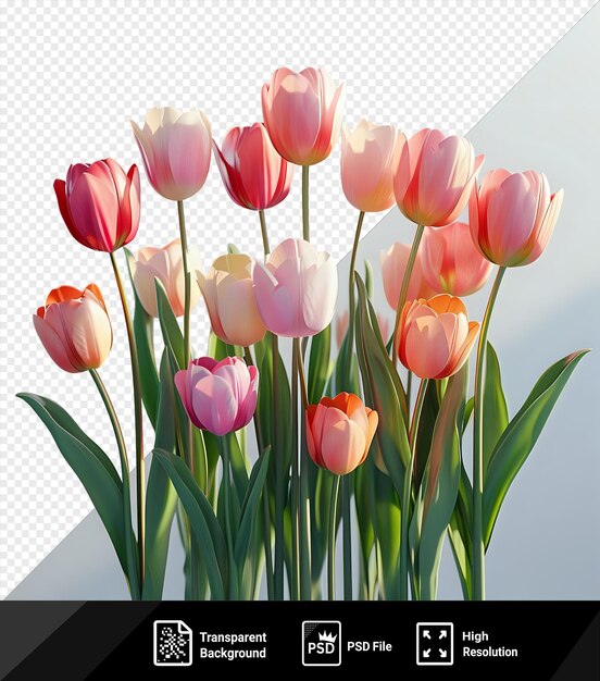 transparent tulips in the spring of the netherlands or holland are displayed in a vase surrounded by green leaves and stems the flowers include pink white and pink and white blooms png