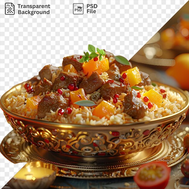 transparent umm ali food served in a gold bowl on a table accompanied by an orange