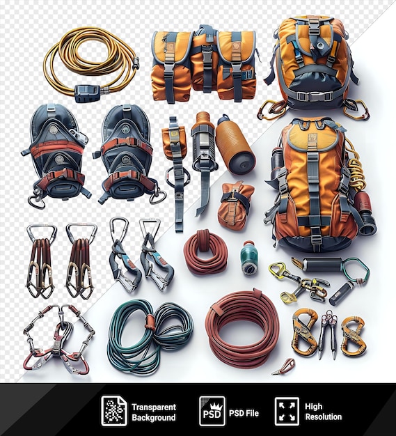 PSD transparent of via ferrata set of different types of backpacks on a isolated background