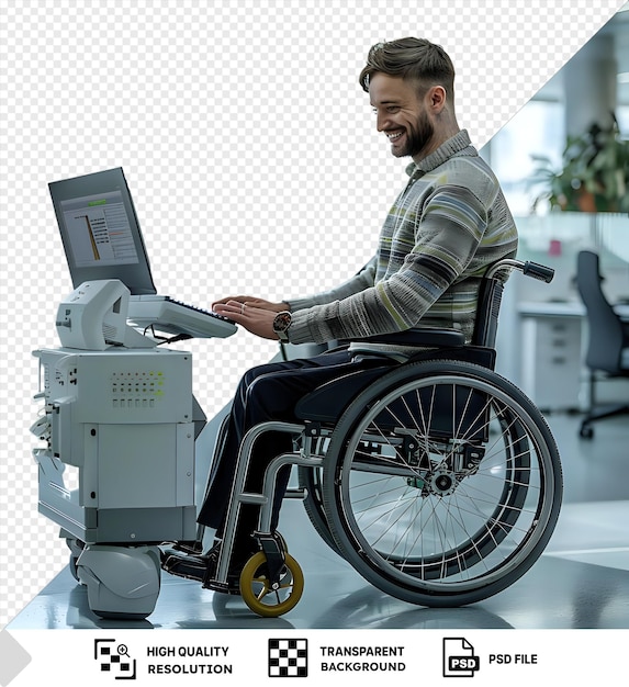 PSD transparent of working process a man in a black wheelchair sits in front of a large glass window surrounded by a green plant and a white pot he wears a striped shirt and has brown hair