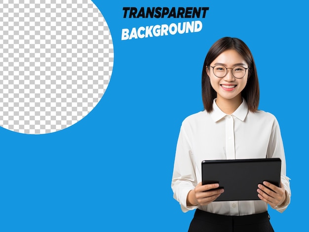 transparent young Asian corporate worker in glasses smiling and holding digital tablet standing