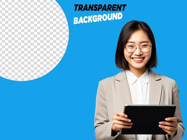 transparent young Asian corporate worker in glasses smiling and holding digital tablet standing