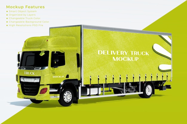 Transport fast delivery truck psd mockup front perspective view