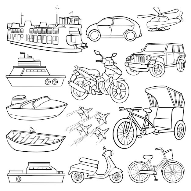 PSD transportation handdrawn collection coloring book