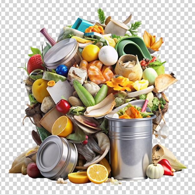 PSD a trash can full of food and trash on transparent background