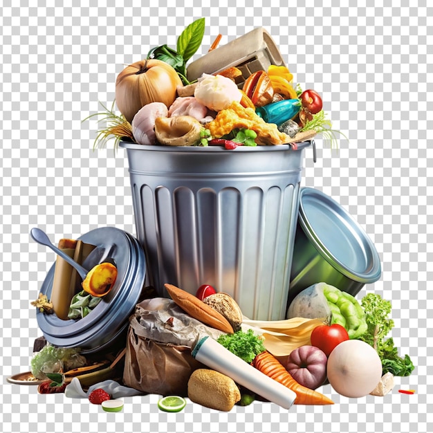 PSD a trash can full of food and trash on transparent background