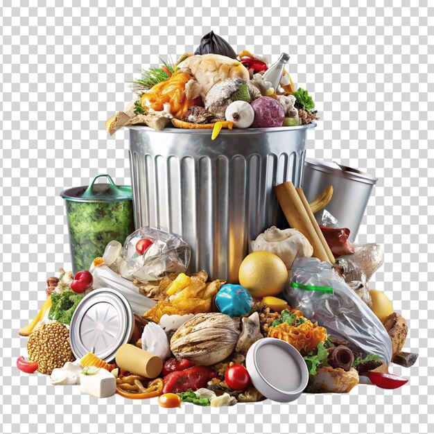 PSD a trash can full of food and trash on transparent background