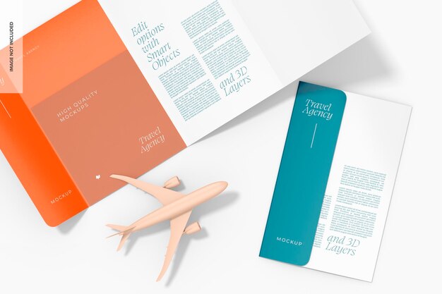 PSD travel agency marketing brochures mockup, opened and closed