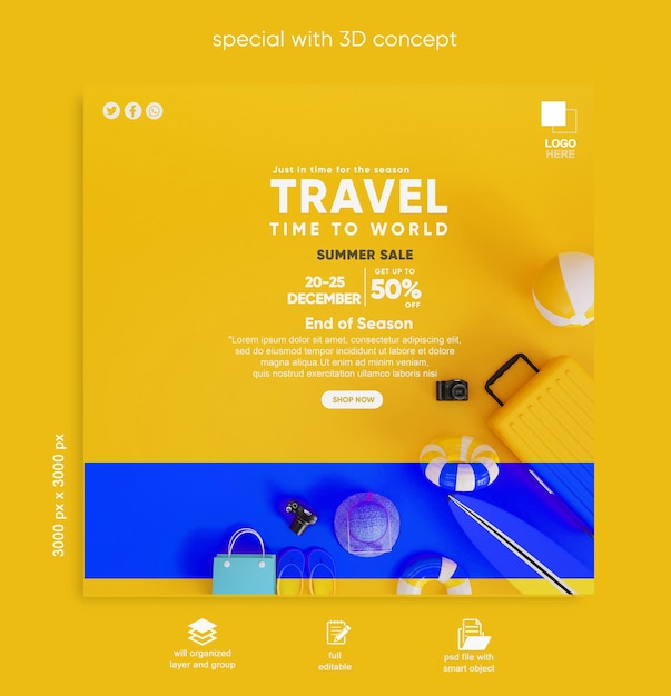 travel banner instagram post template with concept 3D Rendering premium psd