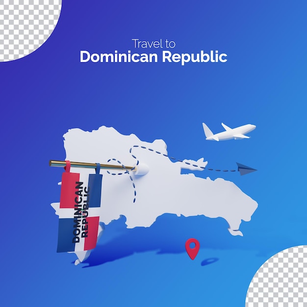 Travel concept 3d illustration with Dominican Republic flag over the map